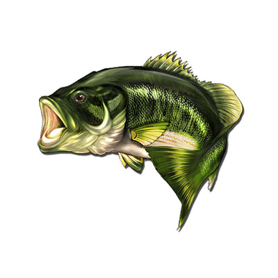 Bass fish reflective outdoor fishing car sticker with an open mouth, featuring blue, green, and brown tones. - Image 3