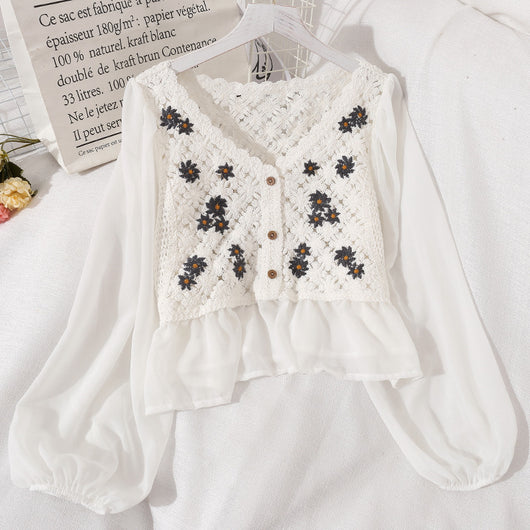 Blusa Tejida de Manga Larga Estilo Coreano con Detalles Calados para Mujer - Image 3