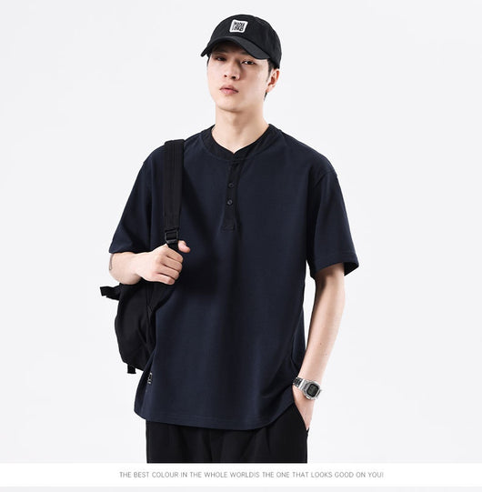 Playera Cuello Henley Básica de Color Sólido para Verano - Image 23