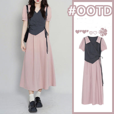 Vestido Camiseta Falso Dos Piezas Verano para Mujer