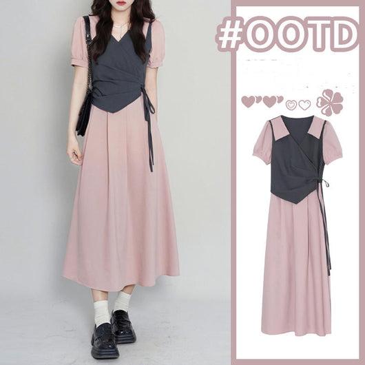 Vestido Camiseta Falso Dos Piezas Verano para Mujer