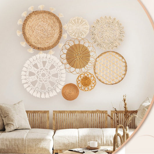 Decoraciones Bohemias Tejidas en Paja - Combinación de Pared Artesanal