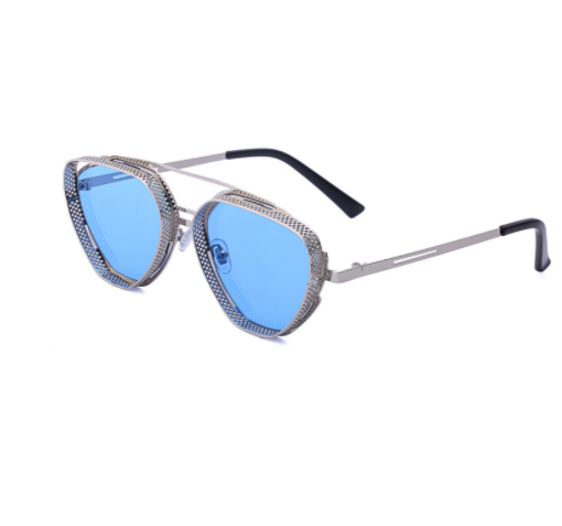 Steampunk hollow-out sunglasses for men with blue lenses, silver metal frame, and perforated side shields. - Image 20