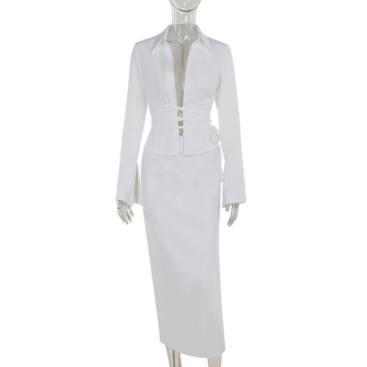 Conjunto Hot Girl: Blusa Anudada Manga Larga + Falda Cintura Alta con Abertura - Image 12