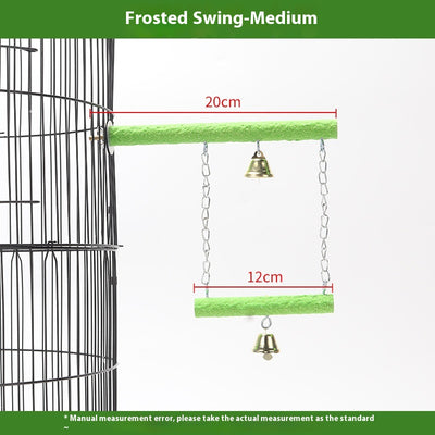 Colorful parrot swing toy with a natural wood perch, an arch of multicolored beads, and two small bells. - Image 6