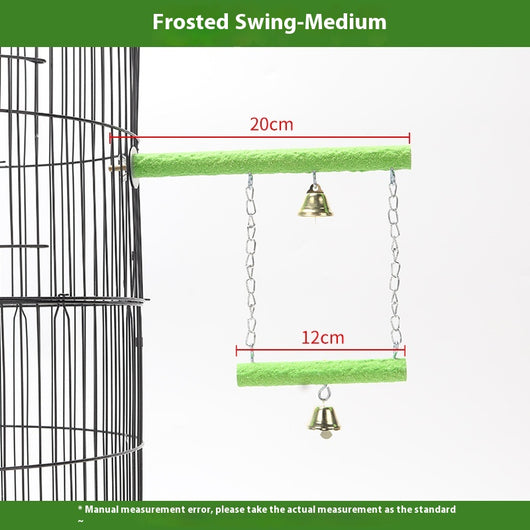 Colorful parrot swing toy with a natural wood perch, an arch of multicolored beads, and two small bells. - Image 6