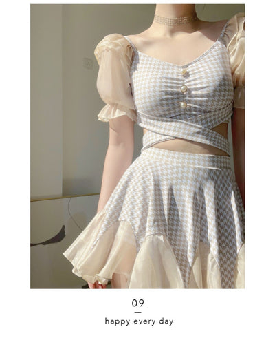Women's conservative two-piece swimsuit with beige and white houndstooth pattern, sheer puff sleeves, and a flared skirt. - Image 16
