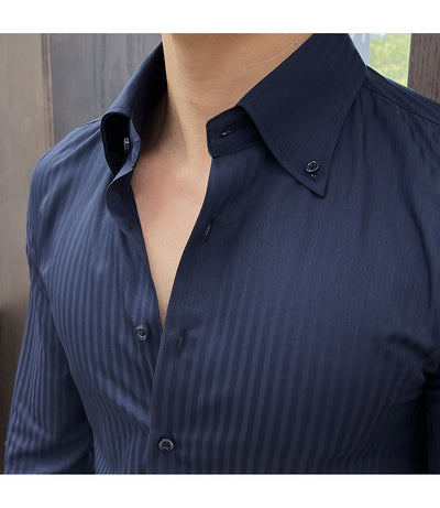 Camisa de Vestir Manga Larga a Rayas para Hombre con Cuello Italiano - Image 23