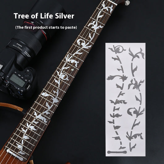 Blue cloud-shaped inlay stickers for guitar fingerboards, shown on a guitar neck and as a full sheet. - Image 37