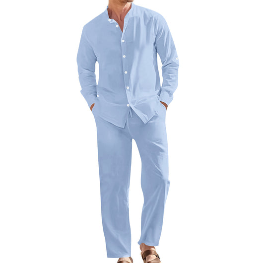 Conjunto de Camisa de Lino con Cuello Mao y Pantalón Holgado para Hombre - Image 3