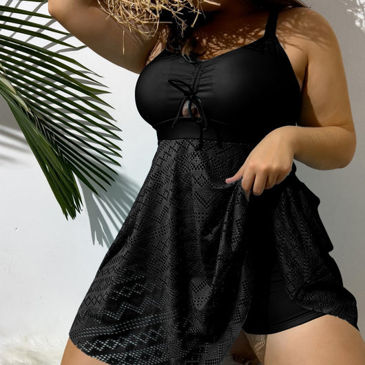 Plus size red two-piece swimsuit with a sling top and a laser-cut swim skirt, worn with a straw hat. - Image 6