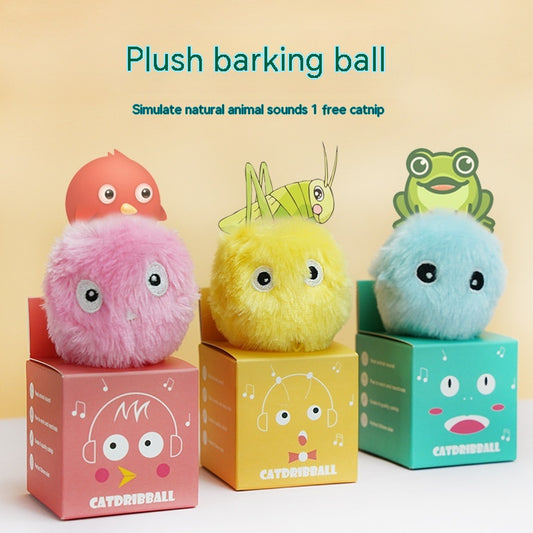 Yellow plush cat toy with embroidered eyes, designed as a ball, making a cricket chirping sound.