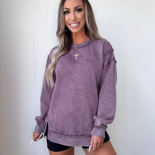 Blusa Suelta Casual de Color Liso con Abertura Lateral