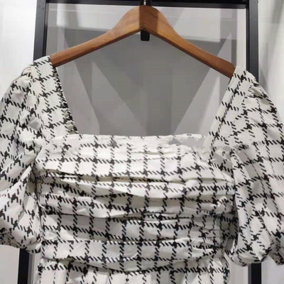 Vestido Otoñal con Mangas Abullonadas, Cuadros y Lunares, Cintura Alta - Image 13