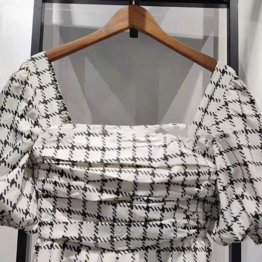 Vestido Otoñal con Mangas Abullonadas, Cuadros y Lunares, Cintura Alta - Image 13