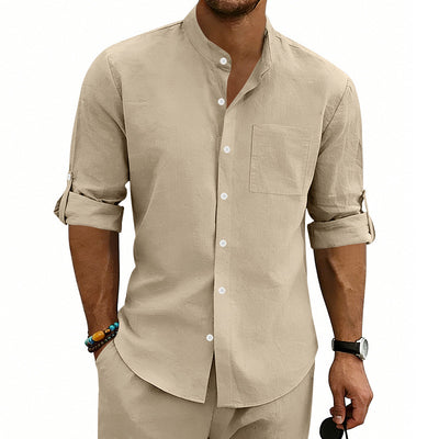 Camisa de Lino Estilo Americano con Cuello Mao y Mangas Medianas para Hombre - Image 23