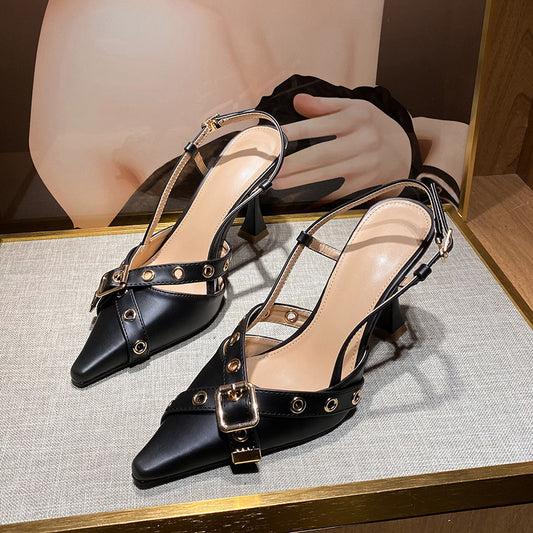 Sandalias Tacón Medio con Tiras Cruzadas y Hebilla - Stiletto Elegante para Mujer