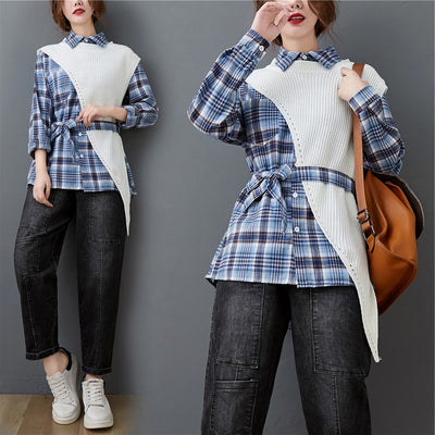Conjunto de Dos Piezas: Camisa a Cuadros con Suéter Irregular - Image 5