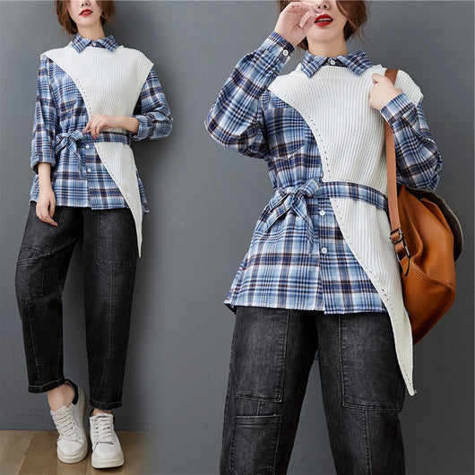 Conjunto de Dos Piezas: Camisa a Cuadros con Suéter Irregular - Image 5