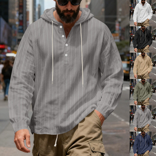 Camisa Lino Holgada Talla Grande Hombre a Rayas con Capucha - Image 39