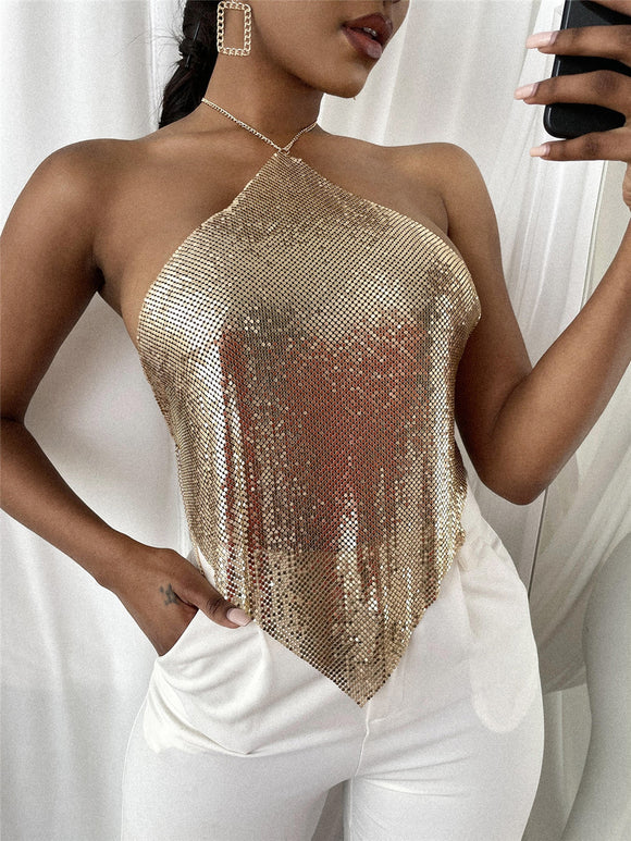 Top Halter Lentejuelas Metal Sexy para Mujer - Diseño Exclusivo