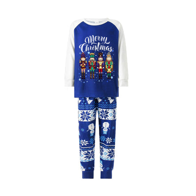 Blue and white long-sleeve Christmas pajama set with "Merry Christmas" text, nutcracker soldiers, and snowflake patterns. - Image 3