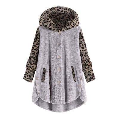 Abrigo Largo con Capucha y Empalme de Leopardo en Felpa para Mujer - Image 8