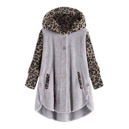 Abrigo Largo con Capucha y Empalme de Leopardo en Felpa para Mujer - Image 8