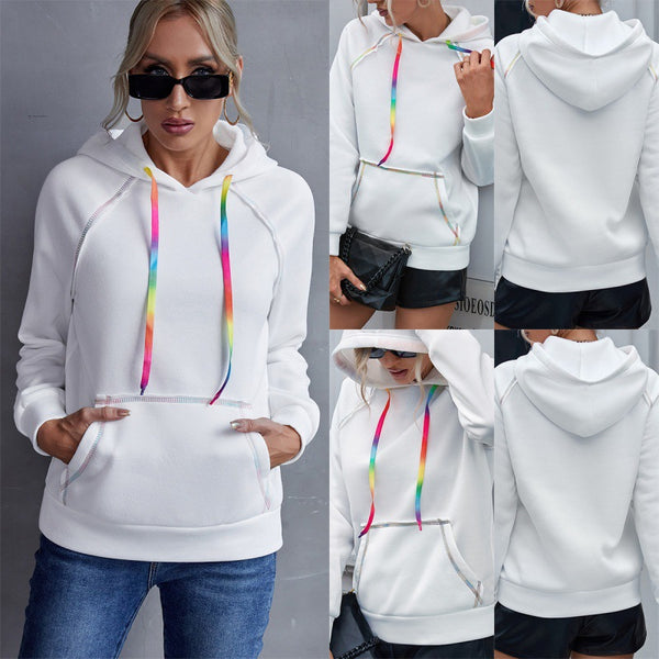 Sudadera Hoodie Suelta con Bloques de Color Arcoíris y Cintas