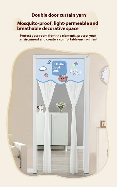 Double-layer blackout doorway curtain with a light blue top featuring a cartoon bear and "LUCK DAY!" text. - Image 44