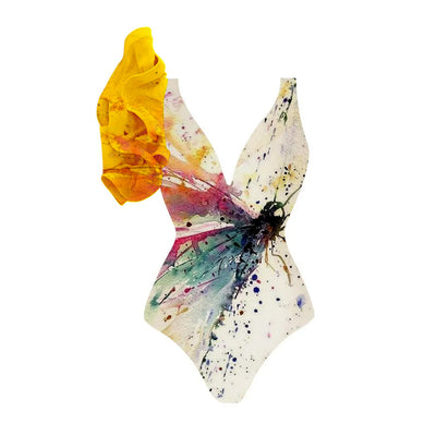 One-piece swimsuit with a deep V-neck and yellow ruffle strap, paired with a matching sarong skirt. Both feature a vibrant watercolor butterfly print. - Image 2