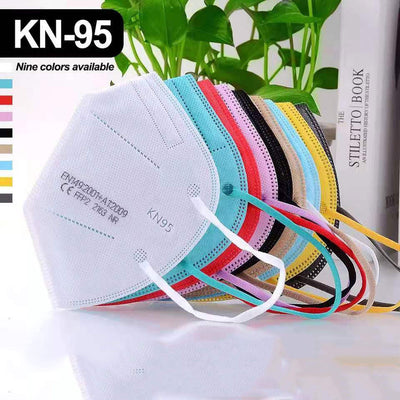 Stack of red KN95 protective masks with white ear loops, showing FFP2 certification and '10pcs' text.