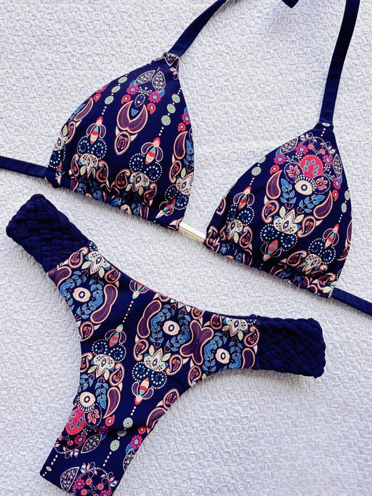 Women's blue, white, and gold marble print bikini with a triangle halter top and braided rope side details. - Image 23
