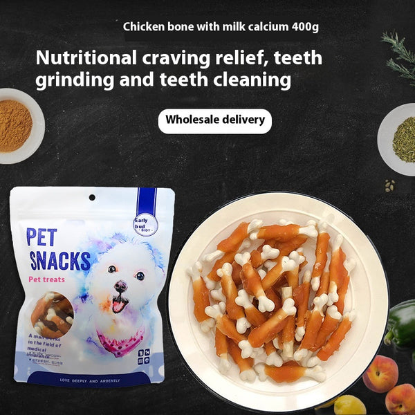 Pet Snacks chicken-wrapped milk bones in a white bag with a fluffy dog, alongside a bowl of treats.