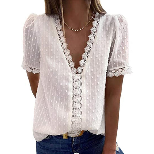 Blusa Escote V Manga Corta Jacquard Liso para Mujer - Colección Verano - Image 2