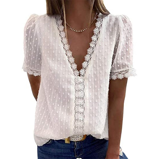 Blusa Escote V Manga Corta Jacquard Liso para Mujer - Colección Verano - Image 2