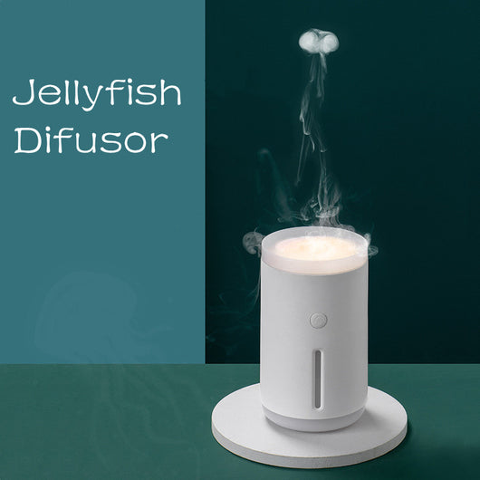 Porcelain white cylindrical humidifier emitting jellyfish-shaped mist, sitting on a round base against a split teal and dark green background. - Image 9