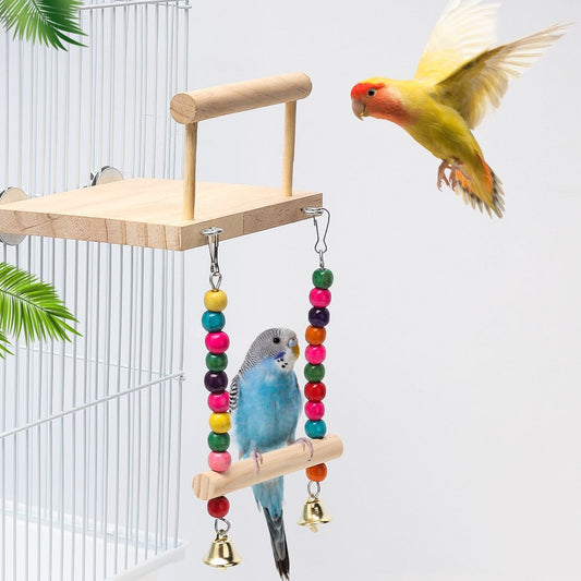 Wooden bird perch and swing set with colorful beads and bells, showing dimensions of 14cm x 12cm platform and 17cm swing height.