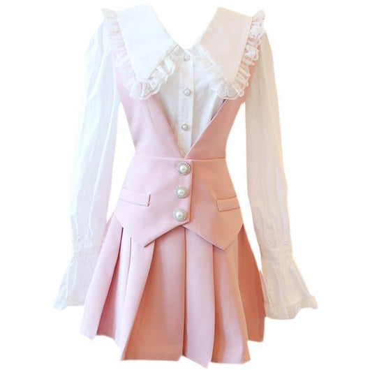 Blusa Preppy Encaje con Tirantes Plisados - Image 9