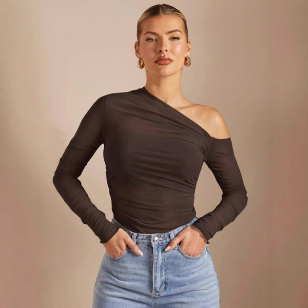 Blusa Larga de Malla Plisada con Manga Larga y Correa al Hombro para Mujer