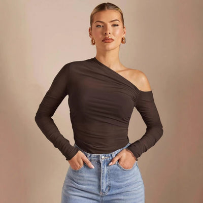 Blusa Larga de Malla Plisada con Manga Larga y Correa al Hombro para Mujer - Image 2