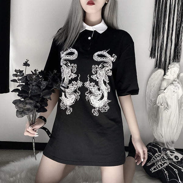 Polo Estilo Dark Country con Patrón de Dragón para Mujer - Image 3