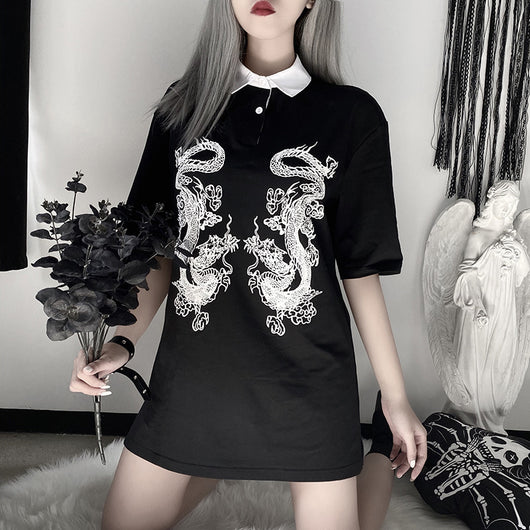 Polo Estilo Dark Country con Patrón de Dragón para Mujer - Image 3