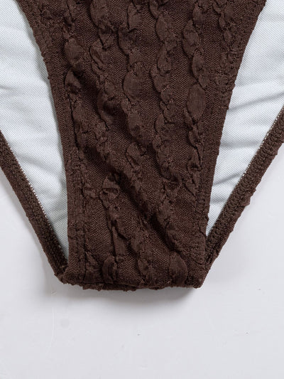 Dark brown textured bikini set with triangle bra top and tie-side bottoms, featuring a small gold metal accent. - Image 17