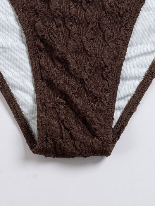 Dark brown textured bikini set with triangle bra top and tie-side bottoms, featuring a small gold metal accent. - Image 17