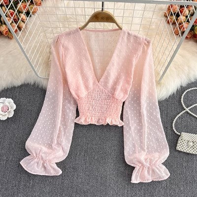Blusa Estilo Occidental con Escote V, Lunares y Cintura Ajustada - Image 7