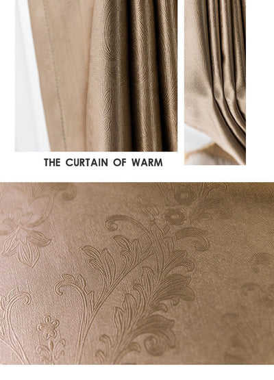 Brown thickened shading curtain with an electric carving floral texture, partially drawn in a bedroom setting. - Image 15