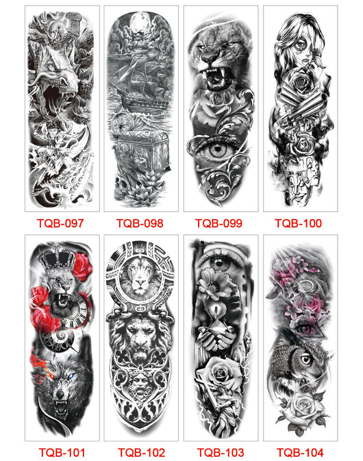 Full arm temporary tattoo sticker with a black, red, and light blue tribal design, featuring abstract shapes and patterns. - Image 67