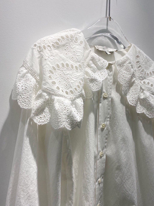 Camisa Blanca de Lino con Solapa Ancha y Bordado Retro de Loto Calado - Image 19