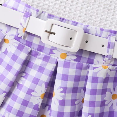 Conjunto de Tres Piezas para Niña: Top Sin Mangas a Rayas con Falda Cuadros Margarita y Cinturón - Image 14